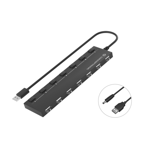 Conceptronic USB Hub - HUBBIES08B (7 Port, USB-A to 7xUSB 2.0, USB táp, fekete) - Image 1