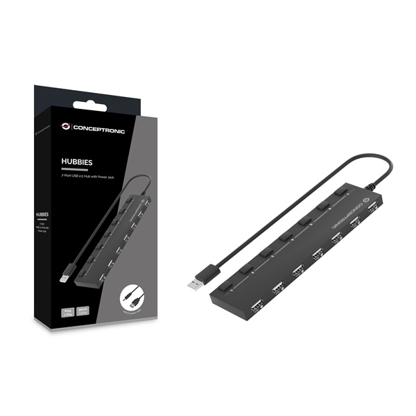 Conceptronic USB Hub - HUBBIES08B (7 Port, USB-A to 7xUSB 2.0, USB táp, fekete) - Image 2