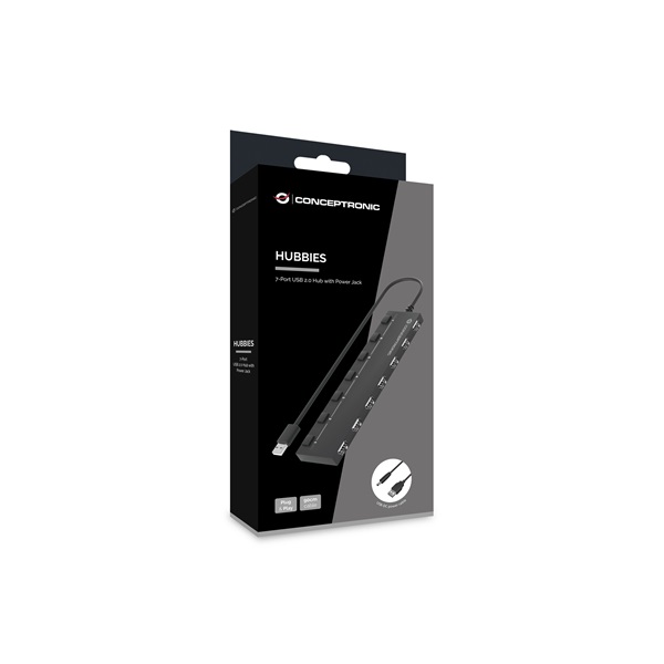 Conceptronic USB Hub - HUBBIES08B (7 Port, USB-A to 7xUSB 2.0, USB táp, fekete) - Image 3
