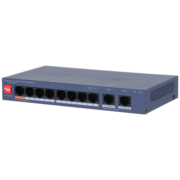Dahua switch PoE - CS4010-8ET2GT-60 (Cloud menedzsment; 8x 10/100 Mbps PoE + 2x 1Gbps port, 60W)
