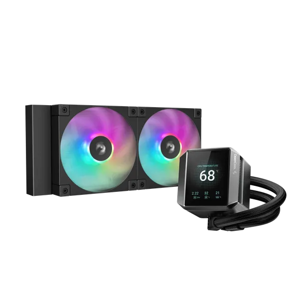 DeepCool CPU Water Cooler - MYSTIQUE 240 ARGB (max 21dB; max. 123,09 m3/h; 2x12cm, LED kijelző, fekete)