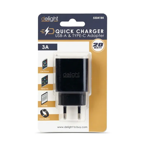 Delight USB Type-C + USB A PD20W Fast charger Black - Image 6