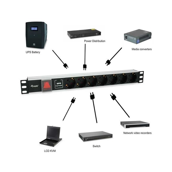 Equip Hálózati Elosztó - 333309 (Schuko, 7 Schuko, Rack 1U, túlfeszültség védelett, 1,8m kábel, aluminium, fekete) - Image 6