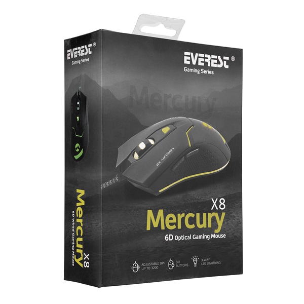 Everest Gamer Egér - Mercury X8  (3200 DPI, 6gomb, 1,8m harisnyázott kábel, optikai, fekete, RGB LED) - Image 7