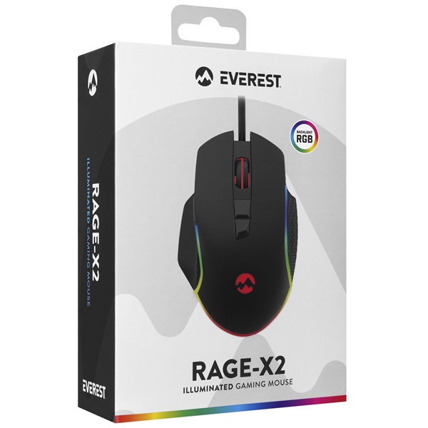 Everest Gamer Egér - RAGE-X2  (6400 DPI, 7gomb, 1,5m harisnyázott kábel, optikai, fekete, RGB LED) - Image 8