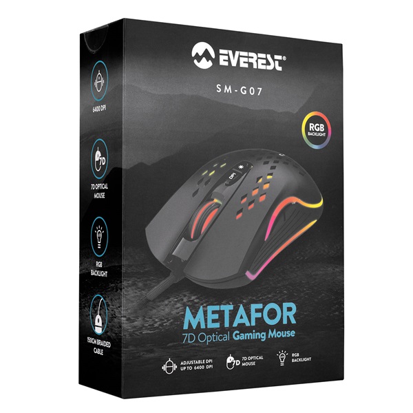 Everest Gamer Egér - SM-G07 METAFOR  (6400 DPI, 7gomb, 1,5m harisnyázott kábel,optikai, fekete, RGB LED) - Image 6