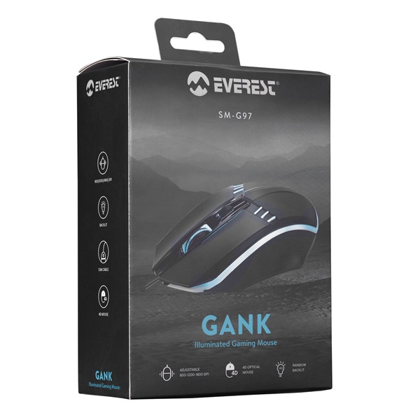 Everest Gamer Egér - SM-G97 GANK  (1400 DPI, 4gomb, 1,5m harisnyázott kábel,optikai, fekete, RGB LED) - Image 7