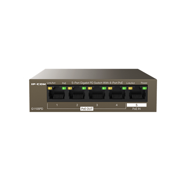 IP-COM Switch PoE - G1105PD (5x1Gbps; 4 af/at PoE+ port; 30W; 1xPoE-In, 4xPoE-Out)