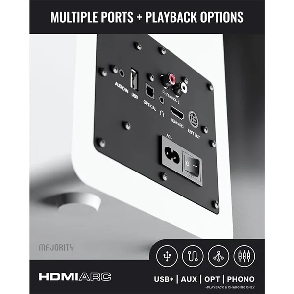 Majority Hangszóró 2.0 - D100X Fehér (100W, Bluetooth 5.3, USB, AUX, HDMI ARC, RCA, USB, Optikai, Távírányító) - Image 2