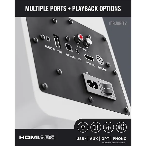 Majority Hangszóró 2.0 - D70X Fehér (70W, Bluetooth 5.3, USB, AUX, HDMI ARC, RCA, USB, Optikai, Távírányító) - Image 2