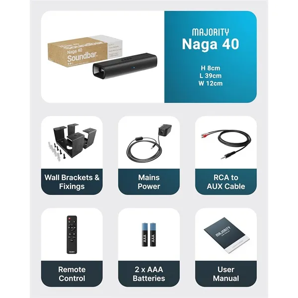 Majority Hangszóró Soundbar - Naga 40 (70W, Bluetooth 5.0, HDMI ARC, AUX, USB, Optikai, Távírányító) - Image 2