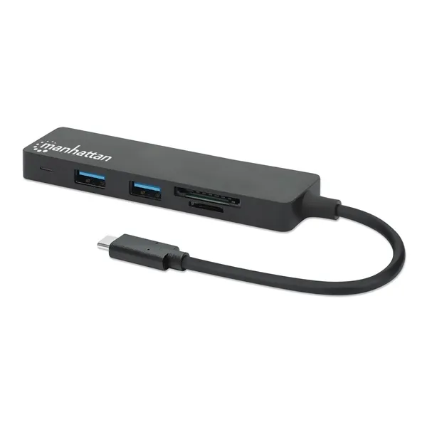 Manhattan USB HUB - 3db USB 3.0 Type-C + kártyaolvasó, SD/MicroSD, 5 Gbps, Fekete