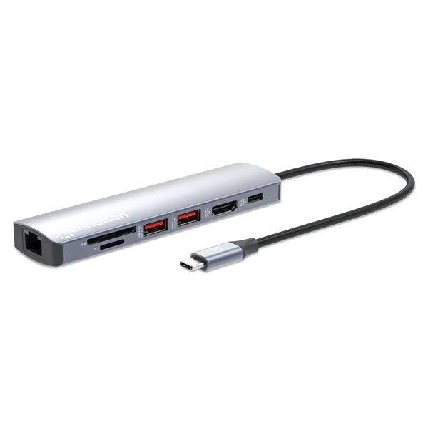 Manhattan USB HUB - USB-C PD 7-in-1 Type-C HDMI,  2db USB-A Ports, USB-C Power PD(100W), Gigabit RJ45 Port ésSD/microSD