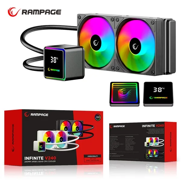 Rampage CPU Water Cooler - INFINITE V240 (Mágneses kijelző, 36,9dB max., 98,54 m3/h; 2x12cm, A-RGB LED, fehér) - Image 2