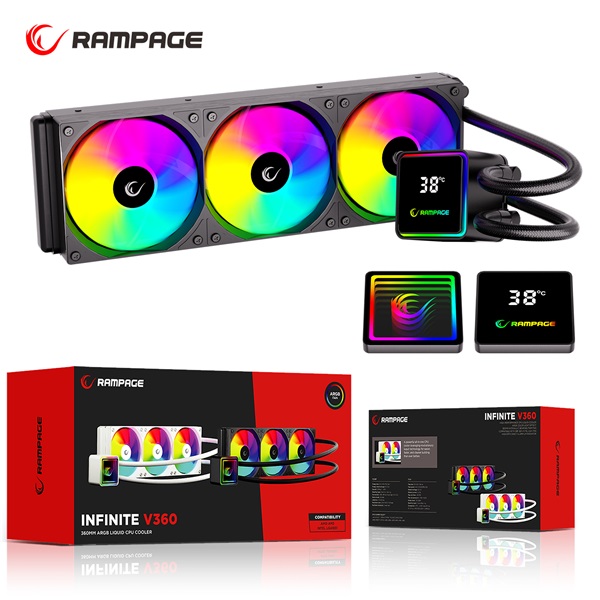 Rampage CPU Water Cooler - INFINITE V360 (Mágneses kijelző, 36,9dB max., 98,54 m3/h; 3x12cm, A-RGB LED, fehér) - Image 8