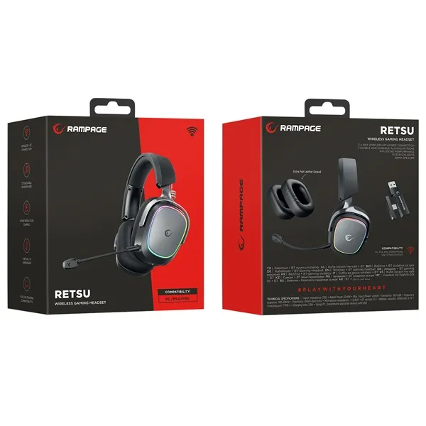 Rampage Fejhallgató - RETSU (1000mAh, Bluetooth+kábel+2,4Ghz, mikrofon, hangerőszabályzó, nagy-párnás, RGB, fekete) - Image 10