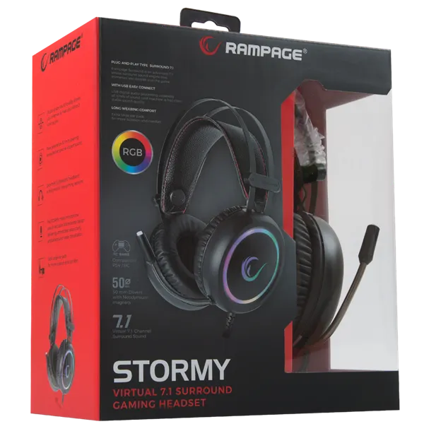 Rampage Fejhallgató - STORMY RGB (7.1, mikrofon, USB, hangerőszabályzó, nagy-párnás, 2m kábel, fekete) - Image 5