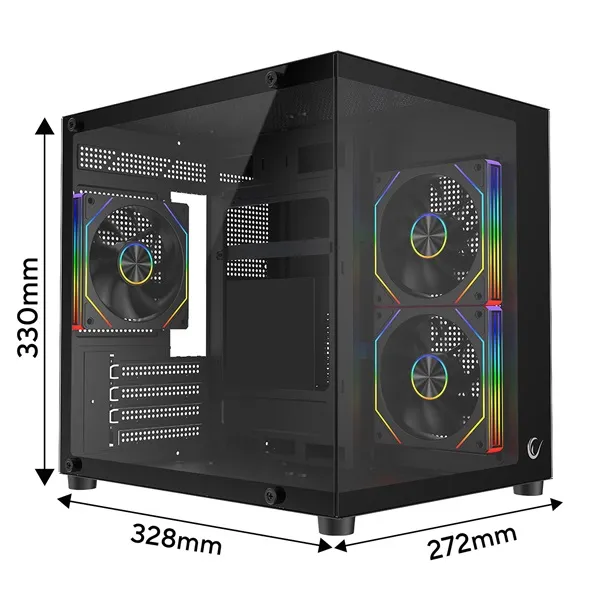 Rampage Számítógépház - LUMID (fekete; ablakos; BTF, mATX, Type-C, USB 3.0, alsó táp, 3x120mm A-RGB)