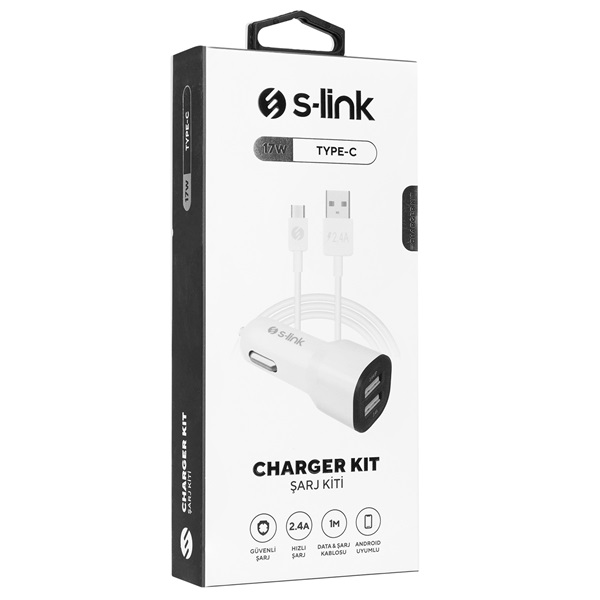 S-Link Autós töltő - SL-EC30T (2db USB, 5V/2.4A/3,4A, 17W, Type-C, 100cm adat+töltőkábel, fehér) - Image 5