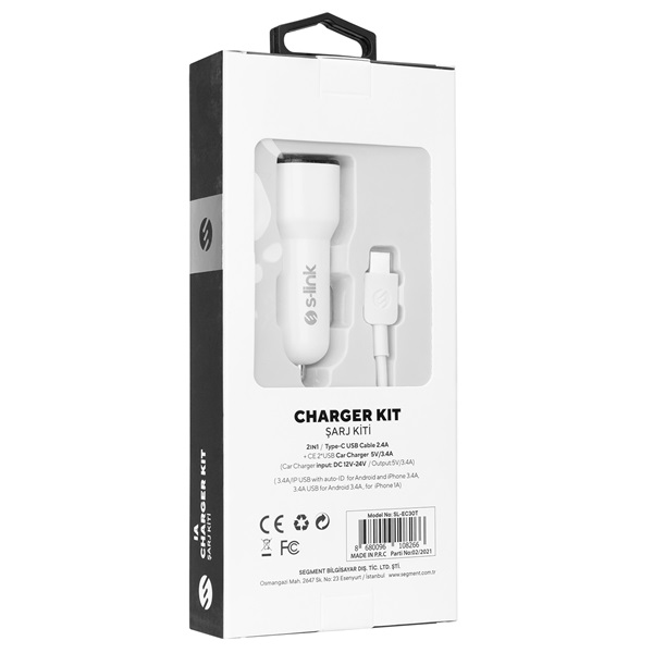 S-Link Autós töltő - SL-EC30T (2db USB, 5V/2.4A/3,4A, 17W, Type-C, 100cm adat+töltőkábel, fehér) - Image 6