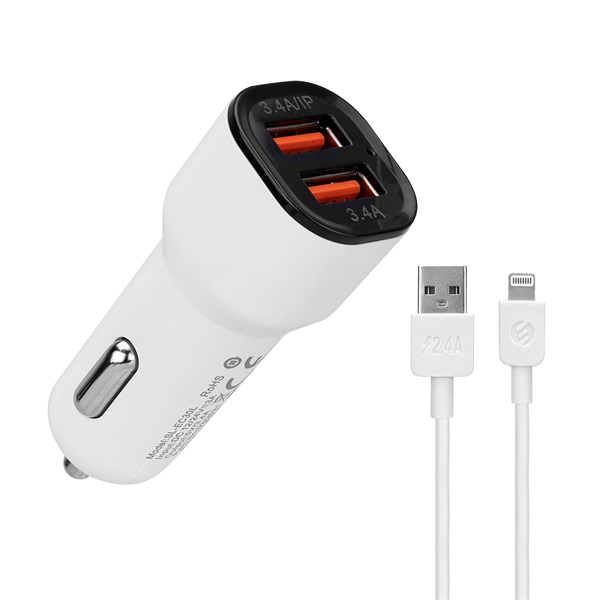 S-Link Autós töltő - SL-EC30L (2db USB, 5V/2.4A/3,4A, 17W, Lightning, 100cm adat+töltőkábel, fehér) - Image 1