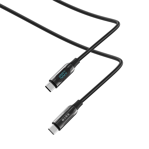 S-Link kábel - LCC-0100 (LED kijelző, 100W, Gyorstöltés, Type-C to Type-C 100cm adat+töltőkábel, fekete, fonott) - Image 5