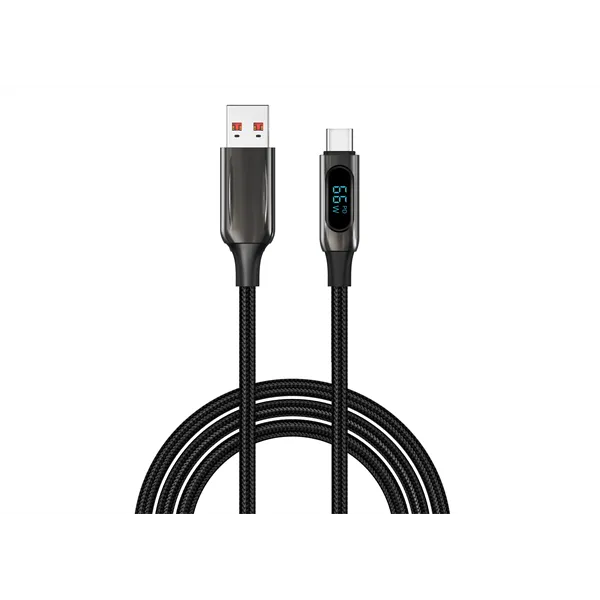 S-Link kábel - UC-066 (LED kijelző, 66W, Gyorstöltés, Type-C, 100cm adat+töltőkábel, fekete, fonott)