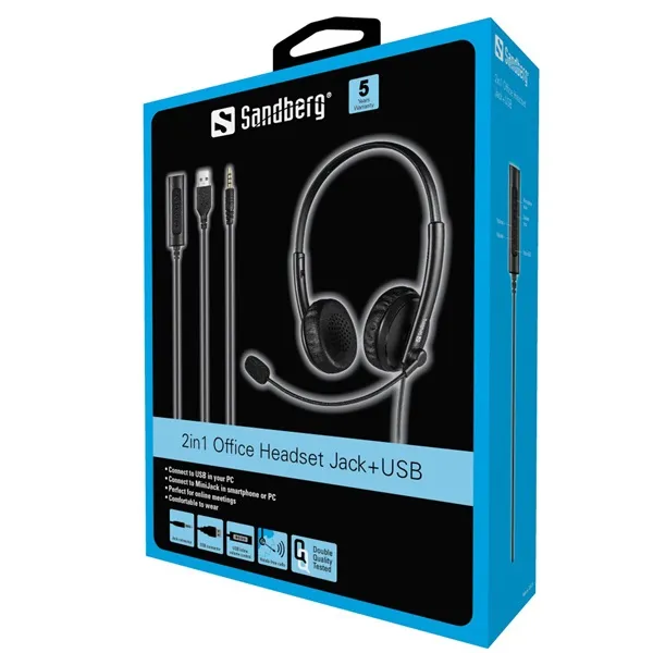 Sandberg Fejhallgató - 2in1 Office Headset Jack+USB (mikrofon; USB+Jack; hangerő szabályzó; 1,5m kábel; fekete) - Image 3