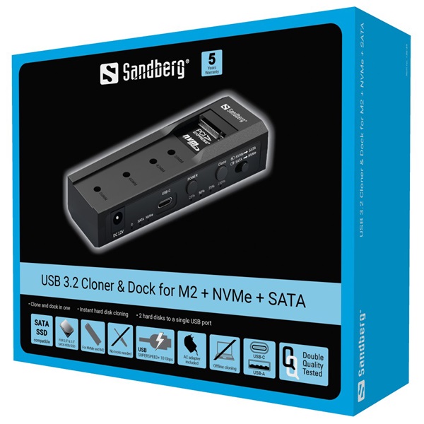 Sandberg M.2 SSD dokkoló - USB 3.2 Cloner and Dock for M2 + NVMe + SATA - Image 7