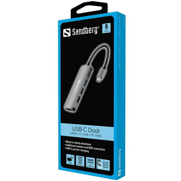 Sandberg Notebook Dokkoló - USB-C Dock HDMI+3xUSB+PD 100W (USB-C bemenet; HDMI+USB-C+1xUSB-A3.0+2xUSB-A2.0 kimenet) - Image 2