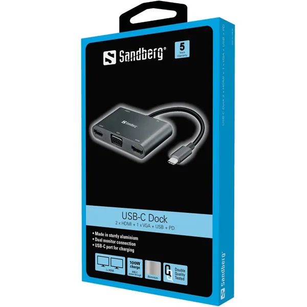 Sandberg Notebook Dokkoló - USB-C Dock (USB-C bemenet; 2xHDMI+USB-A3.0+1xVGA kimenet) - Image 3