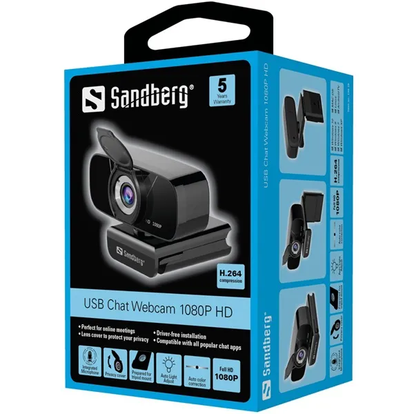Sandberg Webkamera - USB Chat Webcam 1080P HD (1920x1080, 30 FPS, USB 2.0, univerzális csipesz, mikrofon, 1,5m kábel) - Image 4