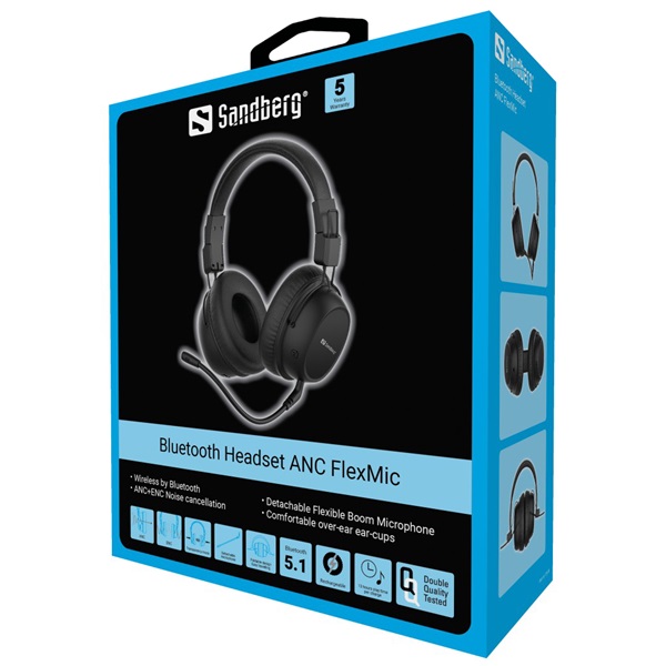 Sandberg Wireless Fejhallgató - Bluetooth Headset ANC FlexMic (Bluetooth, hajlítható mikrofon, fekete) - Image 6