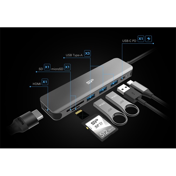 Silicon_Power_USB_HUB_-_Type-C_7in1_HUB_1db_HDMI_1db_MicroSD_SD_kartya_3db_USB30_1db_Type-C_Fekete-i307668.jpg Silicon Power USB HUB - Type-C 7in1 HUB  (1db HDMI, 1db MicroSD, SD kártya, 3db  USB3.0, 1db Type-C ) Fekete - Image 2