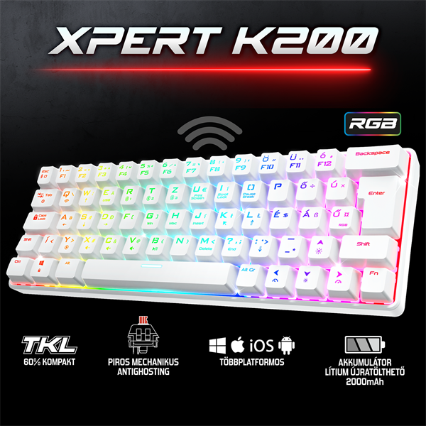 Spirit of Gamer Billentyűzet Mechanikus - XPERT K200 White  (TKL, SOG red, RGB LED,USB, anti-ghosting, fehér, magyar) - Image 2