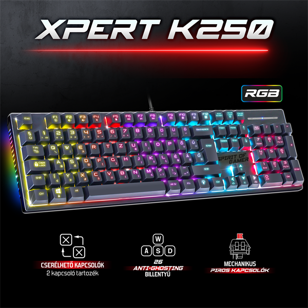 Spirit of Gamer Billentyűzet Mechanikus - XPERT K250 (105 gomb, SOG red, RGB LED,USB, anti-ghosting, fekete, magyar) - Image 2