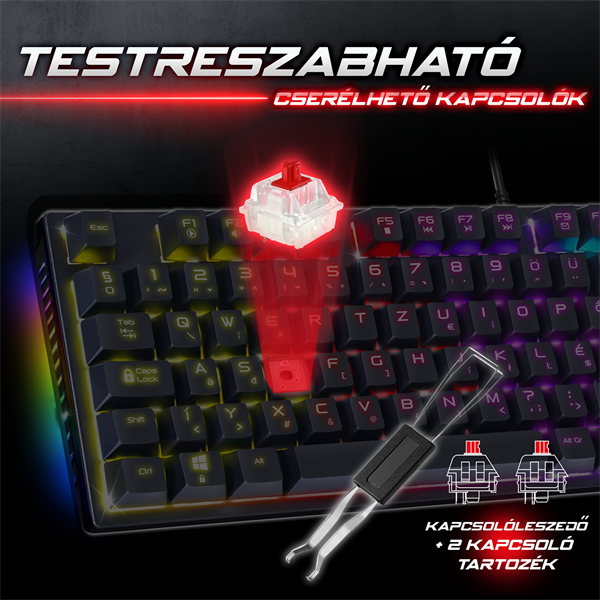 Spirit of Gamer Billentyűzet Mechanikus - XPERT K250 (105 gomb, SOG red, RGB LED,USB, anti-ghosting, fekete, magyar) - Image 4