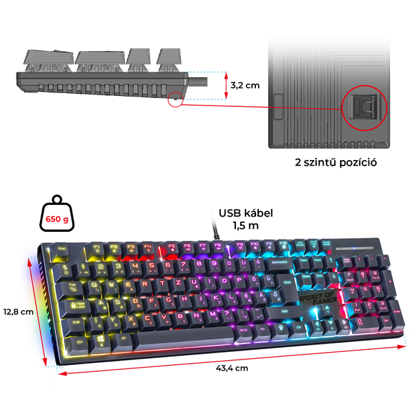 Spirit of Gamer Billentyűzet Mechanikus - XPERT K250 (105 gomb, SOG red, RGB LED,USB, anti-ghosting, fekete, magyar) - Image 6