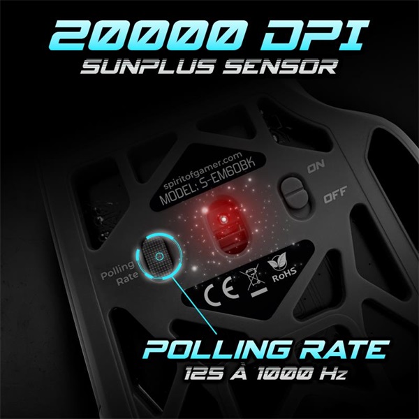 Spirit of Gamer Egér - ELITE-M60 Black (Optikai, 20000 DPI, 1000Hz, 9 programozható gomb, RGB, vezetékes, fekete) - Image 4