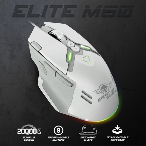 Spirit of Gamer Egér - ELITE-M60 White (Optikai, 20000 DPI, 1000Hz, 9 programozható gomb, RGB, vezetékes, fehér) - Image 3