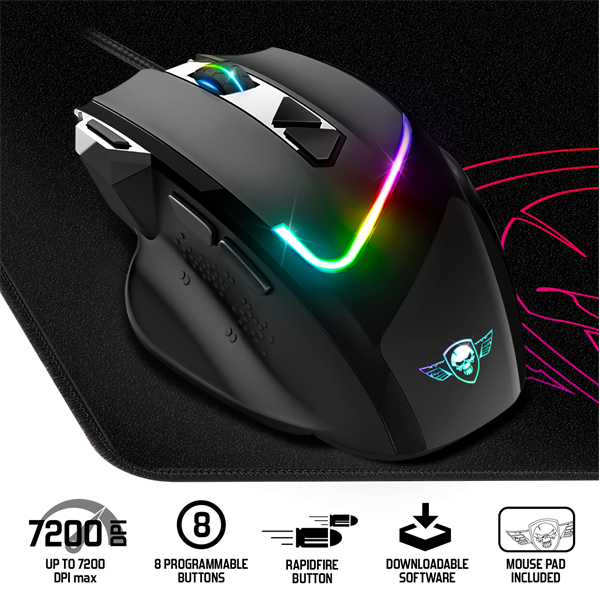 Spirit of Gamer Egér - PRO-M3 RGB (Optikai, 7200DPI, 8 gomb, harisnyázott kábel, fekete) + egérpad - Image 1