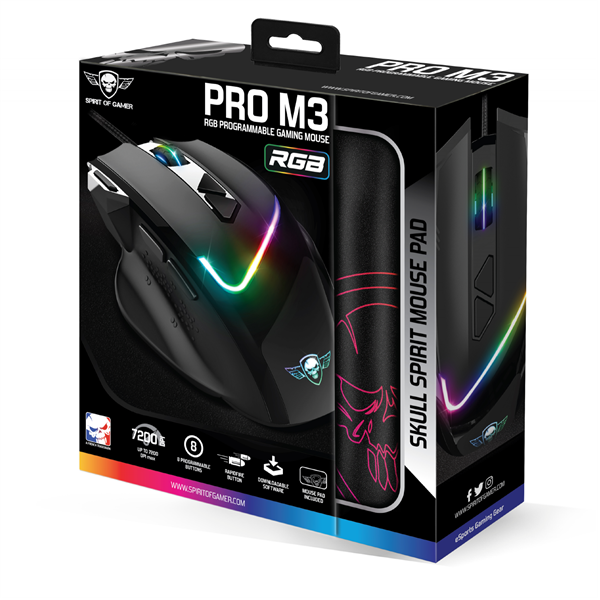 Spirit of Gamer Egér - PRO-M3 RGB (Optikai, 7200DPI, 8 gomb, harisnyázott kábel, fekete) + egérpad - Image 12