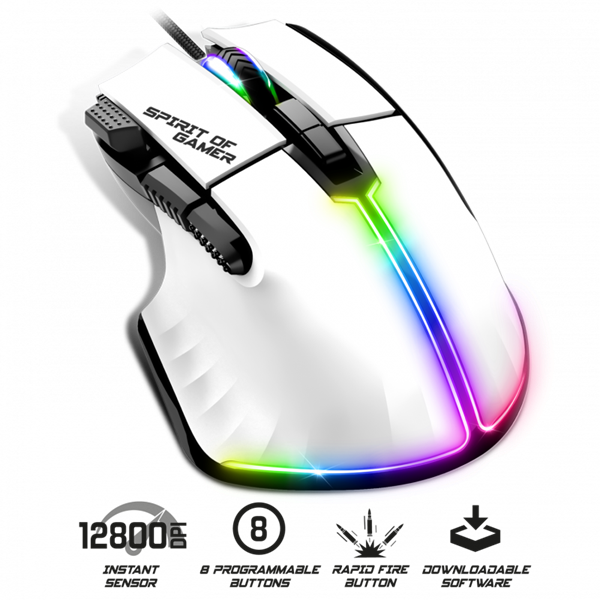 Spirit of Gamer Egér - PRO-M5 Arctic (Optikai, 12800DPI, 1000Hz, 8 gomb, harisnyázott kábel, fehér) - Image 2