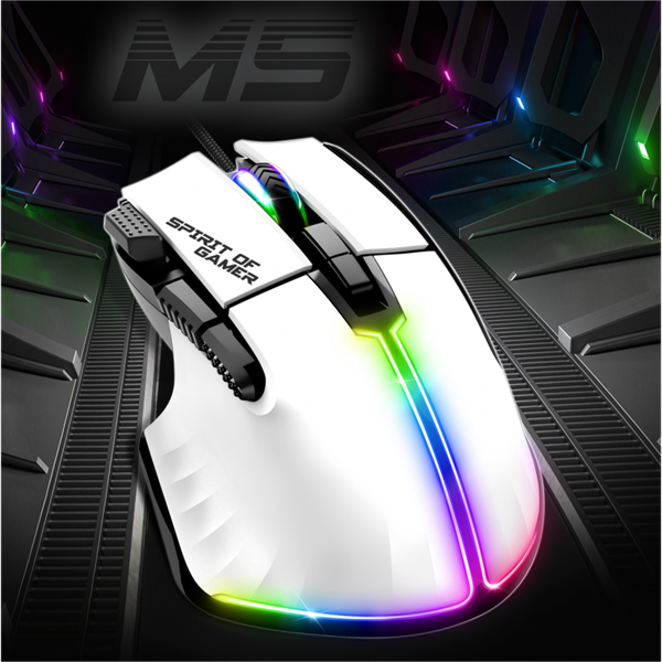 Spirit of Gamer Egér - PRO-M5 Arctic (Optikai, 12800DPI, 1000Hz, 8 gomb, harisnyázott kábel, fehér) - Image 9