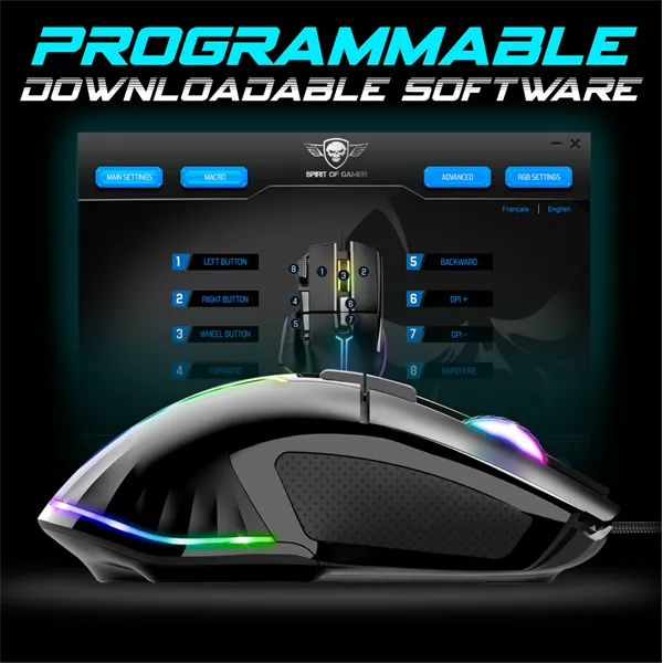 Spirit of Gamer Egér - PRO-M5 RGB (Optikai, 12800DPI, 1000Hz, 8 gomb, harisnyázott kábel, fekete) - Image 6