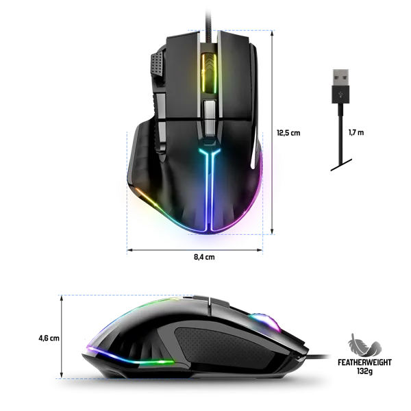 Spirit of Gamer Egér - PRO-M5 RGB (Optikai, 12800DPI, 1000Hz, 8 gomb, harisnyázott kábel, fekete) - Image 8