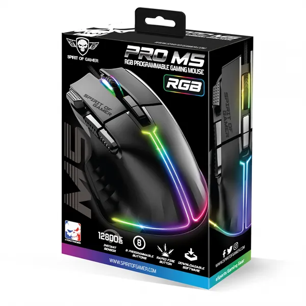 Spirit of Gamer Egér - PRO-M5 RGB (Optikai, 12800DPI, 1000Hz, 8 gomb, harisnyázott kábel, fekete) - Image 9