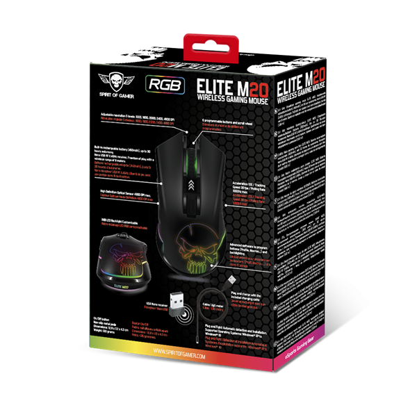 Spirit of Gamer Egér Vezeték nélküli - ELITE-M20 Wireless (4800DPI, 1000Hz, 6 gomb, Omron, harisnyázott kábel, fekete) - Image 12