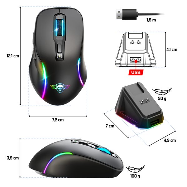 Spirit of Gamer Egér Vezeték nélküli  - ELITE-M50 Black (Optikai, 8000DPI, 1000Hz, 6 programozható gomb, RGB, fekete) - Image 2