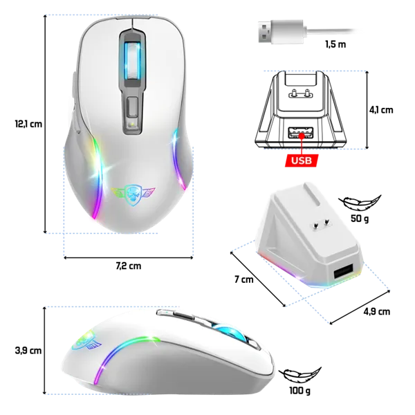 Spirit of Gamer Egér Vezeték nélküli  - ELITE-M50 White (Optikai, 8000DPI, 1000Hz, 6 programozható gomb, RGB, fehér) - Image 8